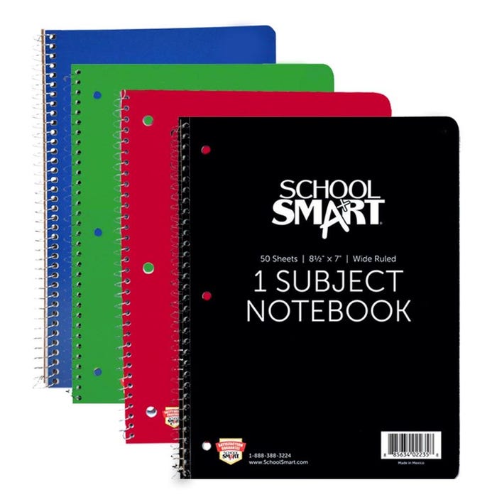 School Smart Spiral Non-Perforated 1 Subject Wide Ruled Notebook, 8-1/2 x 7 Inches