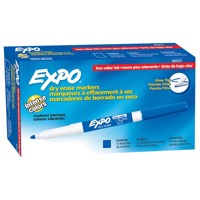 EXPO Low Odor Dry Erase Markers, Fine Tip, Blue, Pack of 12