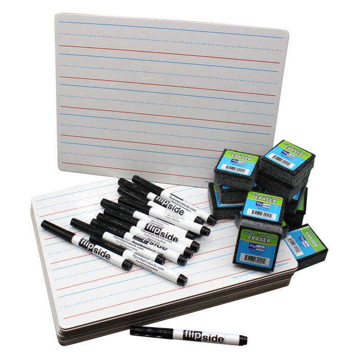 Flipside Dry Erase Lined/Plain Two-Sided Boards Classroom Set with Pens and Erasers, 9 x 12 Inches, 12 Sets
