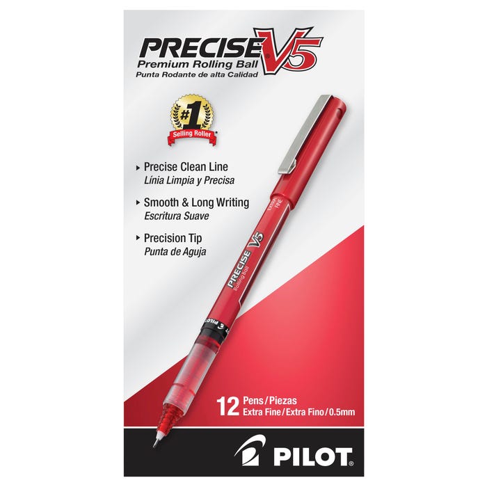Pilot Precise V5 Premium Rolling Ball Stick Pens, Extra Fine Point, Red Ink, Pack of 12
