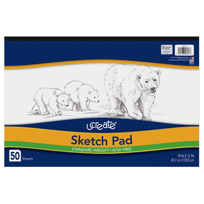 Ucreate Lightweight Sketch Pad, 12 x 18 Inches, White, 50 Sheets