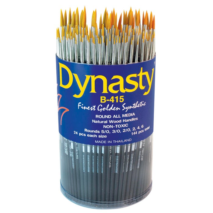 Dynasty Brush B-415 Fine Golden Synthetic Nylon Brushes in Round Canister, Short Wood Handle, Assorted Sizes, Black, Set of 144