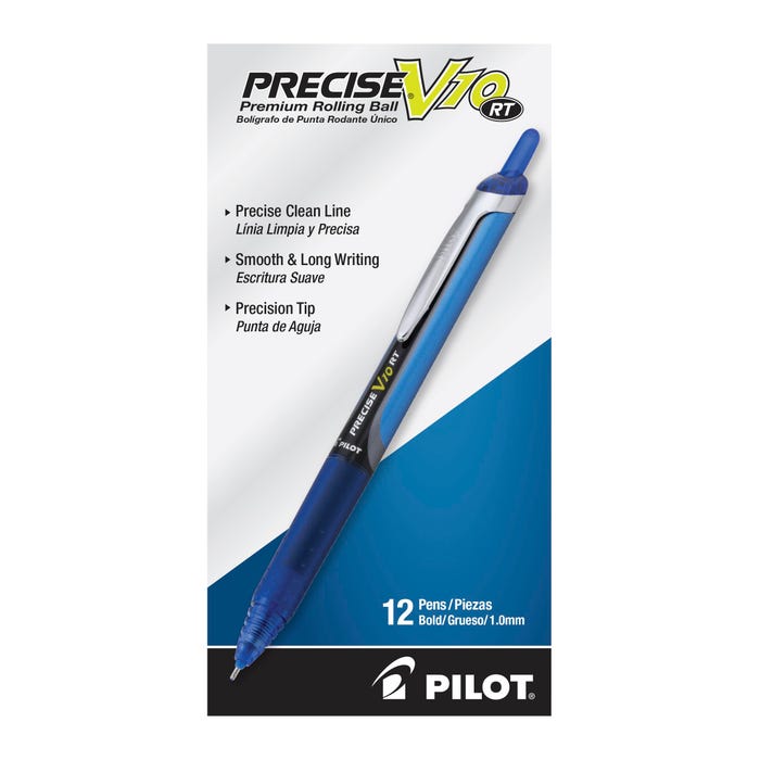 Pilot Precise V10 RT Refillable & Retractable Rolling Ball Pens, Bold Point, Blue Ink, Pack of 12
