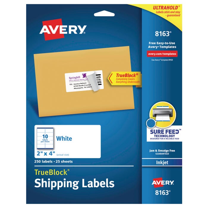 Avery TrueBlock Shipping Labels, Inkjet, 2 x 4 Inches, White, Pack of 250