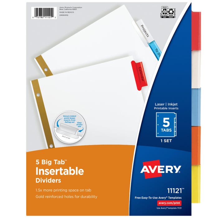 Avery Insertable Divider, Two Sided, 5 Tab, 8-1/2 x 11 Inches, Multi-Color, 1 Set
