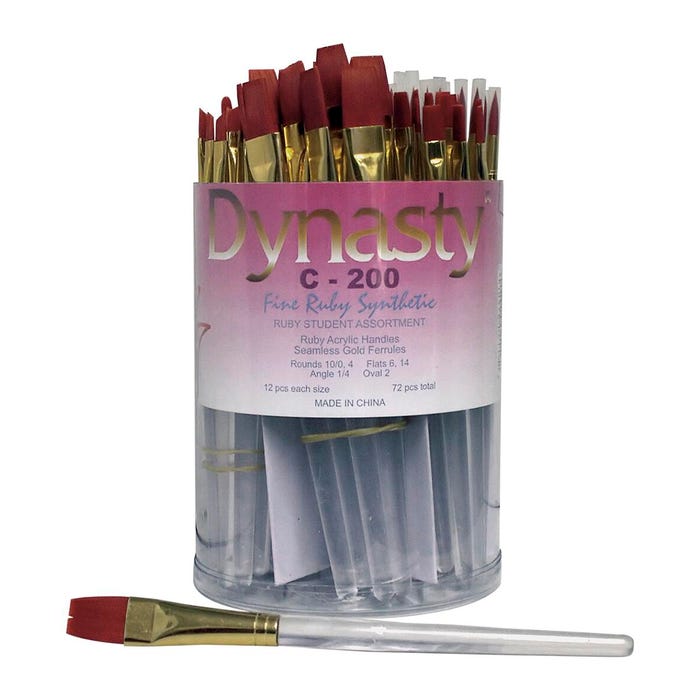 Dynasty Brush C-200 Fine Ruby Synthetic Brushes, Short Acrylic Handle, Assorted Sizes, Set of 72