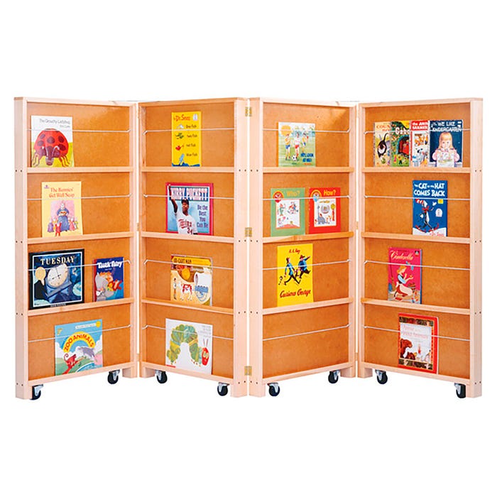 Jonti-Craft 4-Panel Mobile Library Bookcase with Elastic Cord Bookholders, 96 x 2-1/2 x 48 Inches