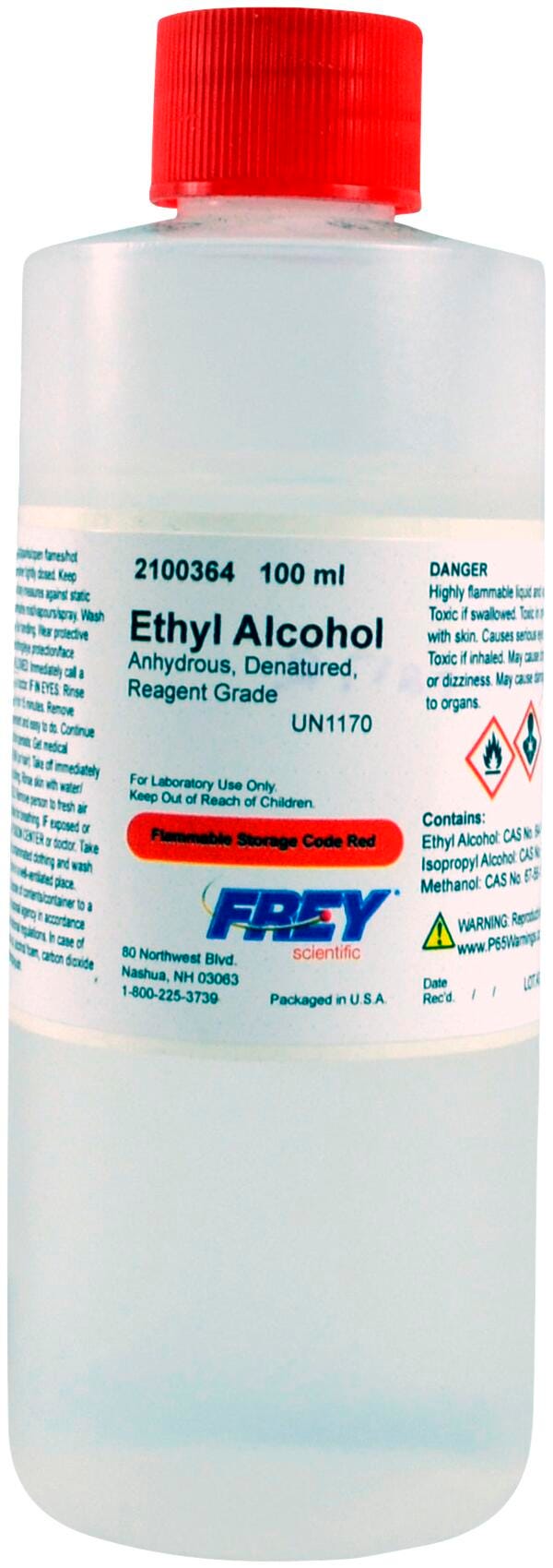 Frey Scientific Ethyl Alcohol, Anhydrous, Denatured, Reagent Grade, 100mL Item Number 2100364