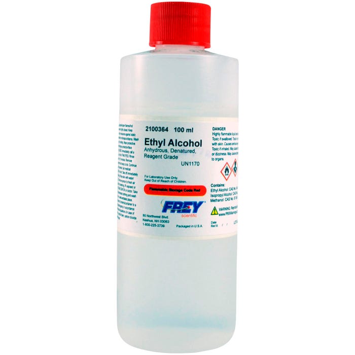 Frey Scientific Ethyl Alcohol, Anhydrous, Denatured, Reagent Grade, 100mL