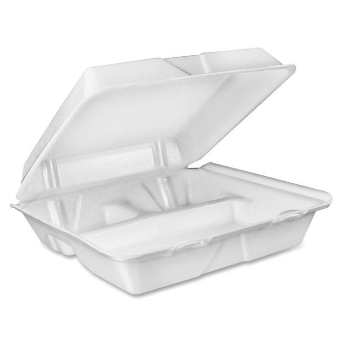 Dart Container Closing Large Carryout Tray, 9 L x 9 W in, 3-Compartment, Foam, White, Pack of 100