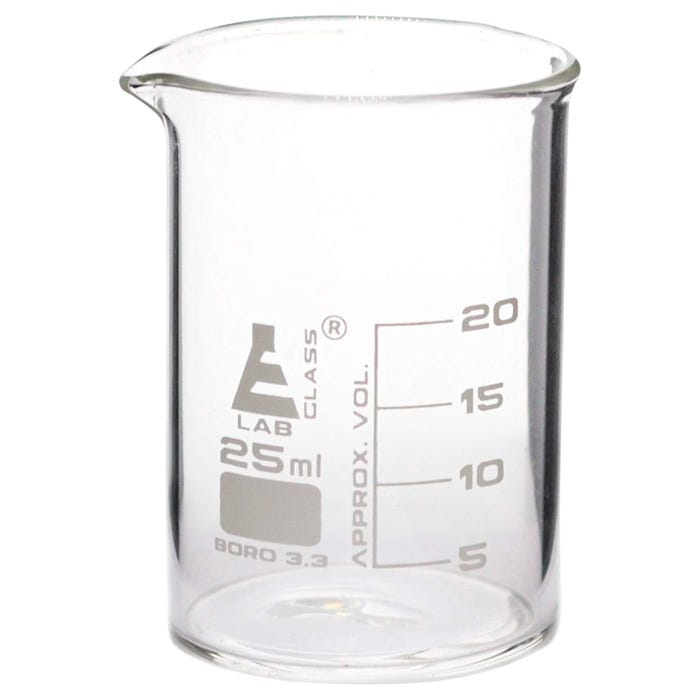 Eisco 25mL Borosilicate Glass Beaker with Spout, Low Form