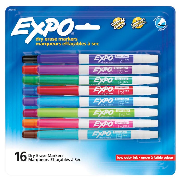 EXPO Dry Erase Markers, Fine Tip, Assorted Vibrant Colors, Pack of 16