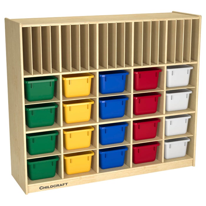 Childcraft Mobile Folder and Cubby Storage Unit, Inserts, Cubbies, 20 Primary Color Bins, 47-3/4 x 14-1/4 x 42 Inches
