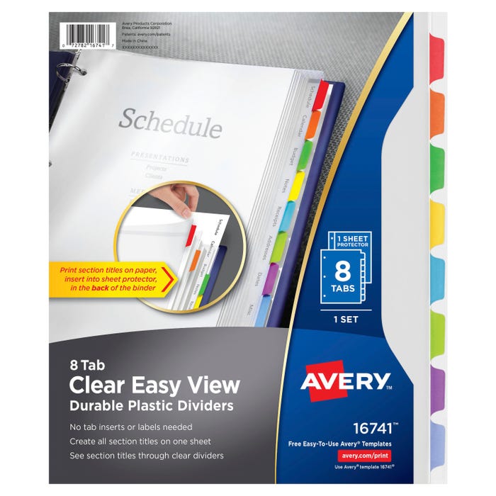 Avery Clear View Plastic Dividers with Colored Tabs and Sheet Protector, 8-Tab