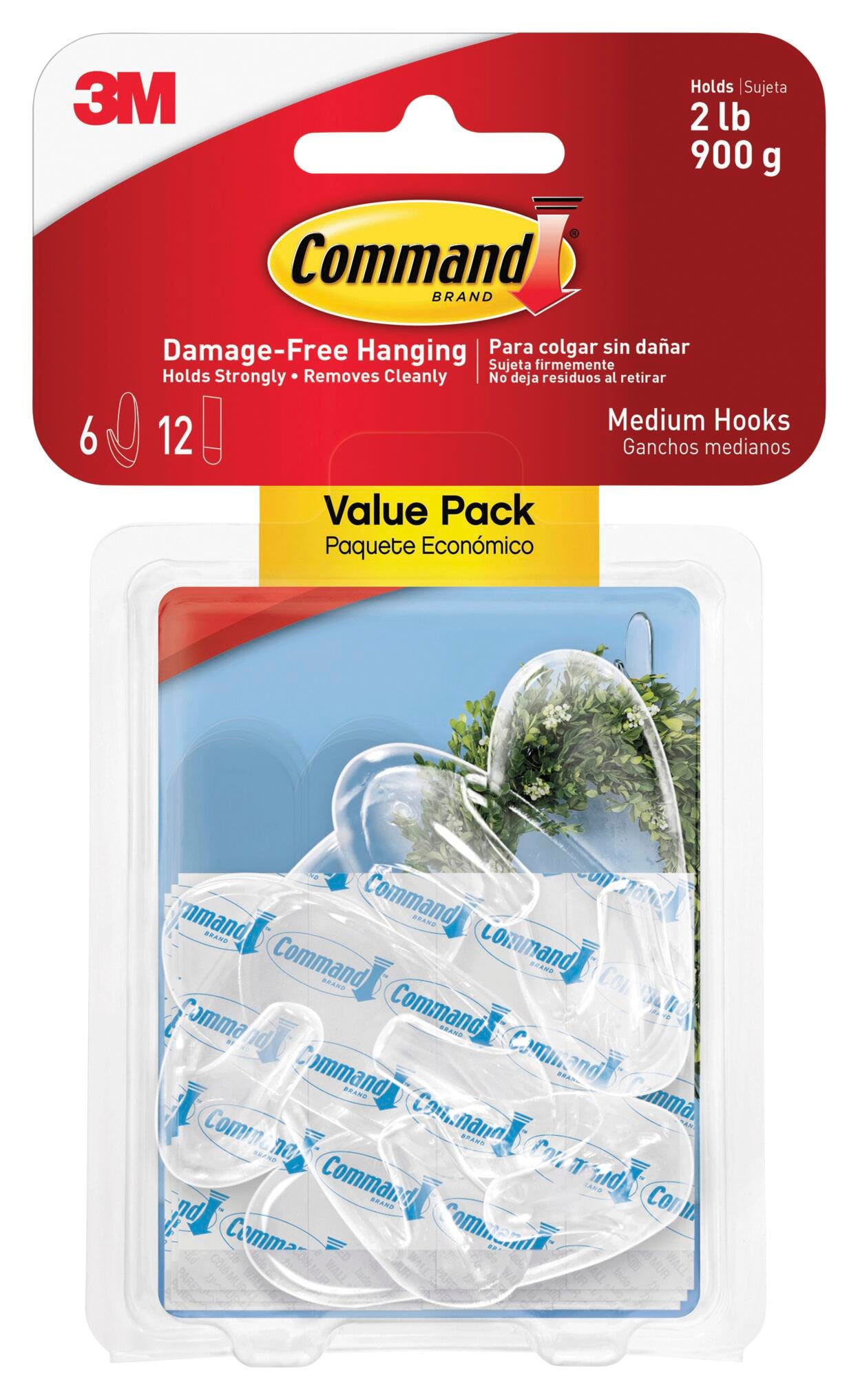 Command Hook with Adhesive Strips, Medium, 2 lb, Clear, Pack of 12 2133429