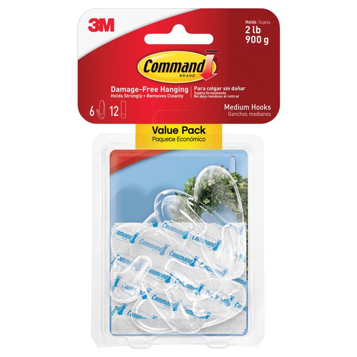 Command Hooks with Adhesive Strips, Medium, 2 Pound Capacity, Clear