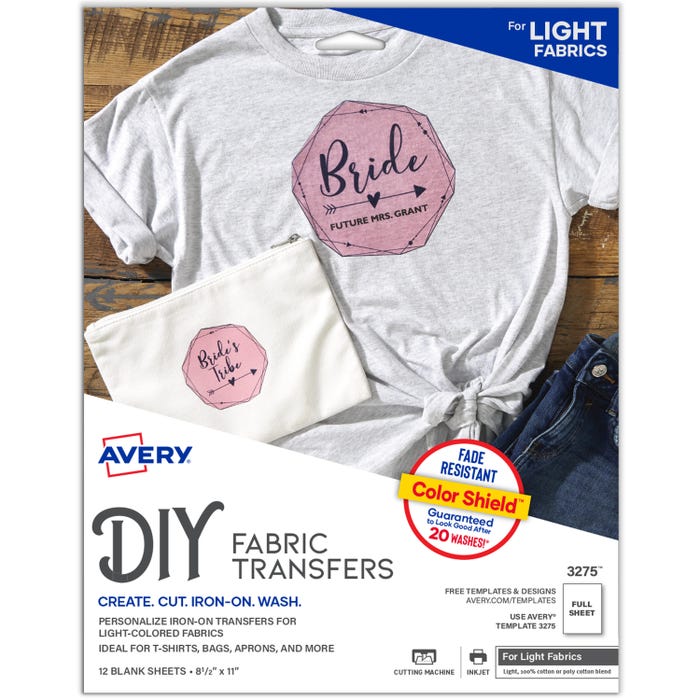 Avery Iron-On Light Fabric Transfer Sheets for Fabric, 8-1/2 x 11 Inches, 12 Sheets