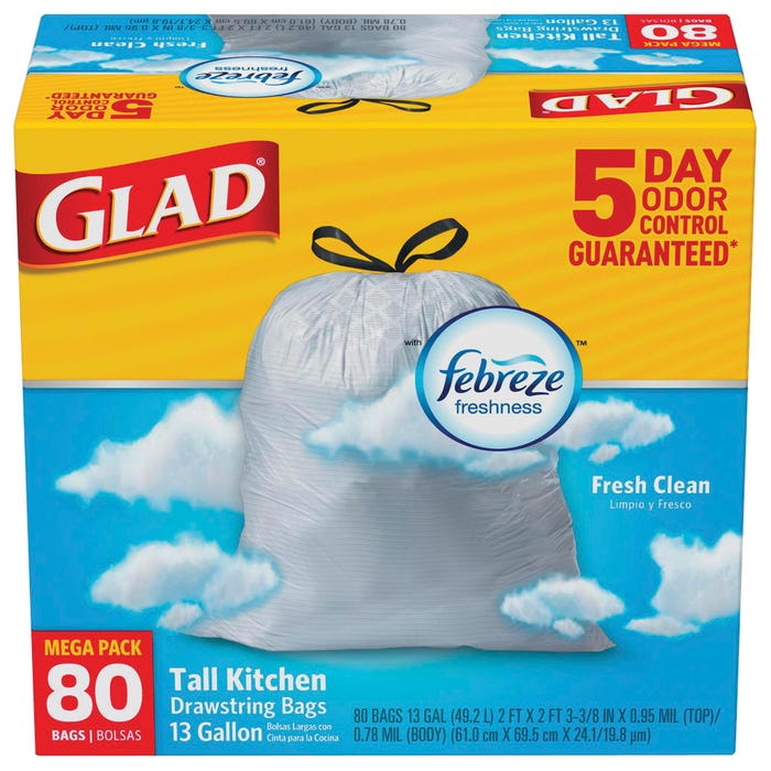 Glad ForceFlex Drawstring Tall Trash Bags, 13 Gallon, Fresh Clean Scent, White, 80 Count Box