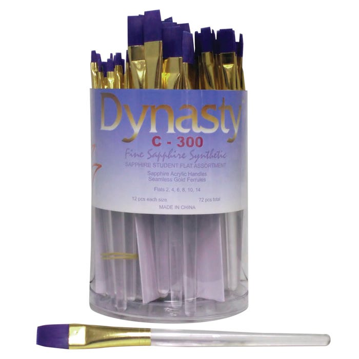 Dynasty Brush C-300 Sapphire Fine Synthetic Fiber Brushes, Flat Type, Short Acrylic Handle, Assorted Sizes, Clear, Pack of 72