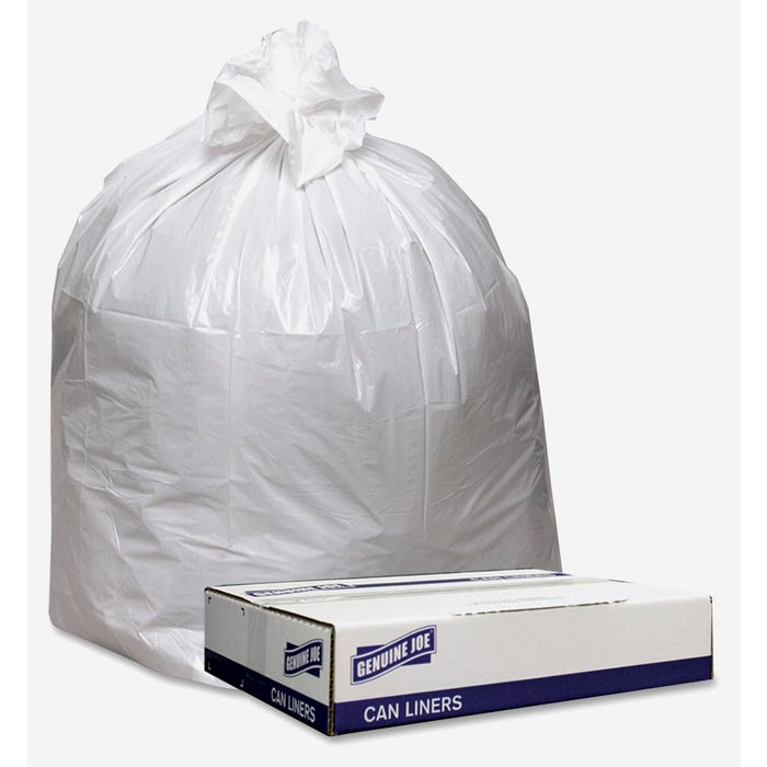 Genuine Joe Low Density Can Liners, 33 Gallon, 0.90 mil, White, Pack of 100