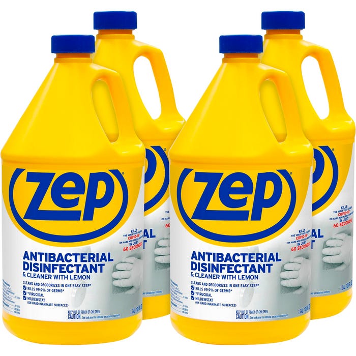 Zep Antibacterial Disinfectant Cleaner, 128 Fluid Ounces, Lemon Scent, Carton of 4