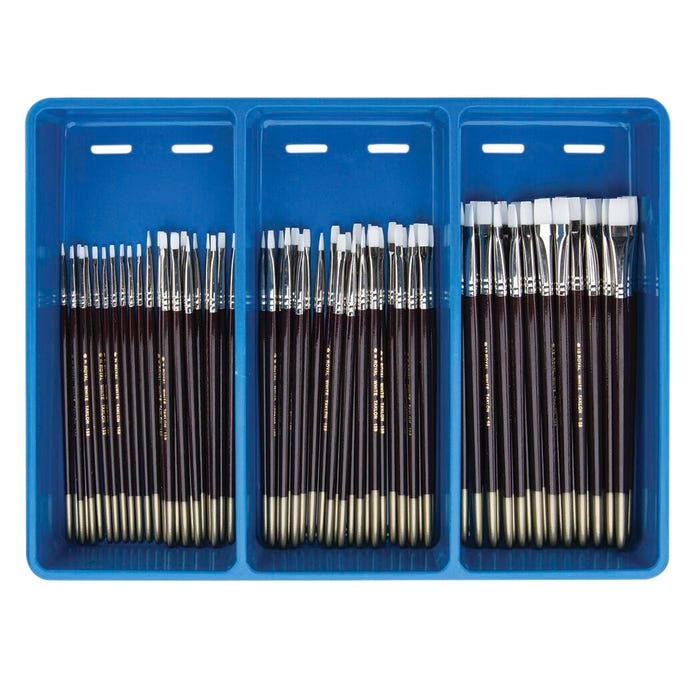 Royal & Langnickel Economy White Taklon Hardwood Handle Paint Brush Assortment, Assorted Flat Size, Brown, Set of 72