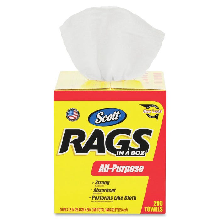 Scott Rags in A Box, 1 Ply, 10 x 13 Inches, White, Pack of 200 Rolls