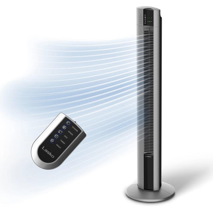 Lasko Space Saving Oscillating Tower Fan With Remote, 48 Inch, Gray