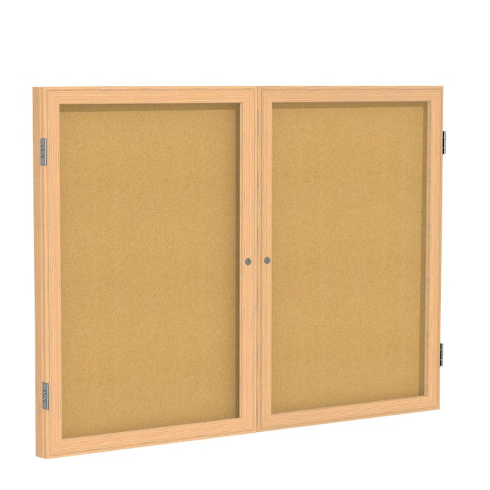Ghent 2 Door Enclosed Natural Cork Bulletin Board with Oak Wood Frame, 3 x 5 feet