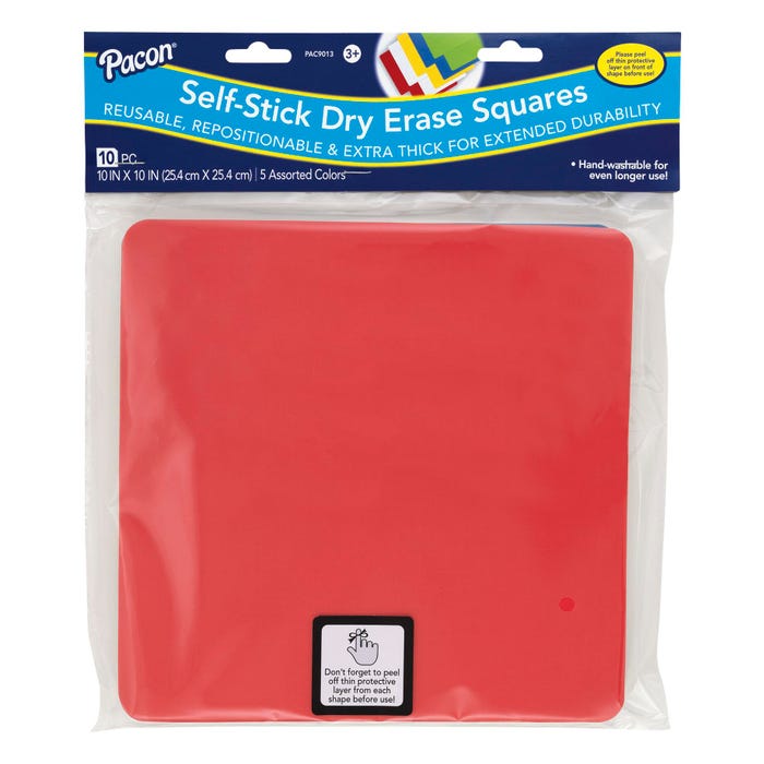 Pacon Self-Stick Dry Erase Squares, 10 x 10 Inch, 5 Assorted Colors, Pack of 10