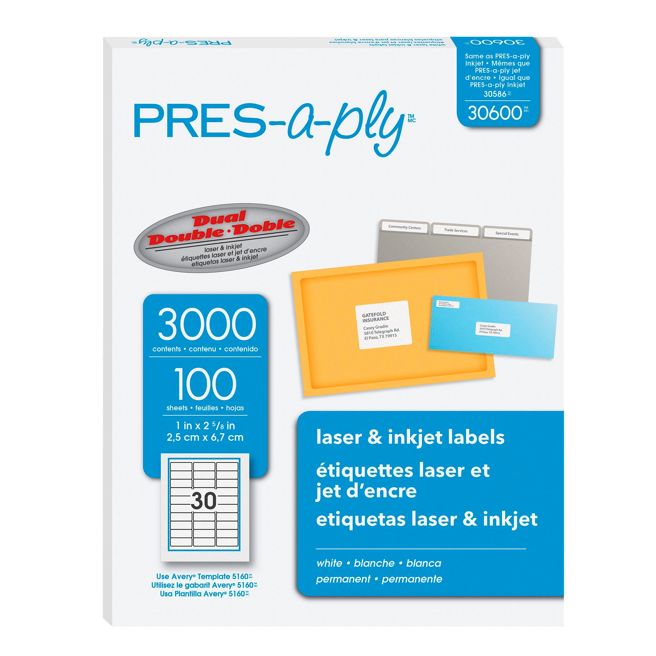 Pres-a-ply Laser/Inkjet Labels, 1 x 2-5/8 Inches, Pack of 3000 1502914