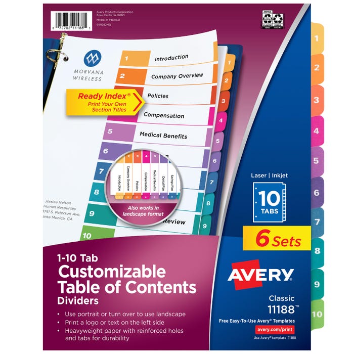 Avery Ready Index Dividers, 10 Tab, 1-10, Assorted Colors, 6 Sets