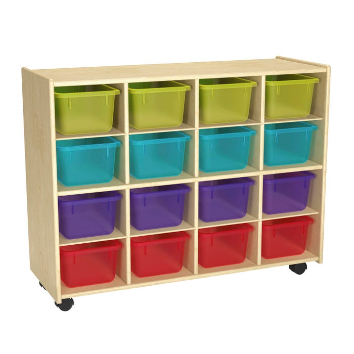 Childcraft Mobile Cubby Unit with Locking Casters, 16 Translucent-Colored Bins, 38-5/16 x 14-1/4 x 30 Inches