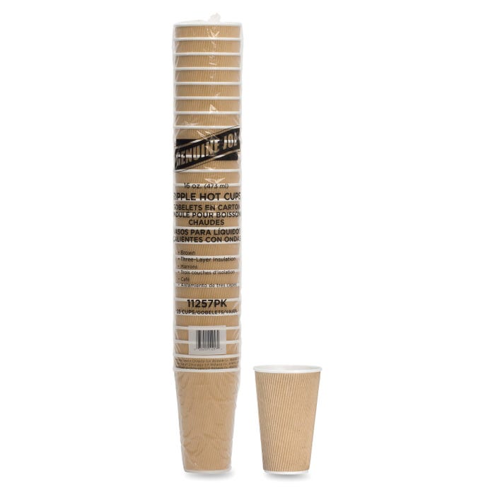 Genuine Joe 3-Layer Rippled Hot Cup, 16 oz, Brown, Pack of 25