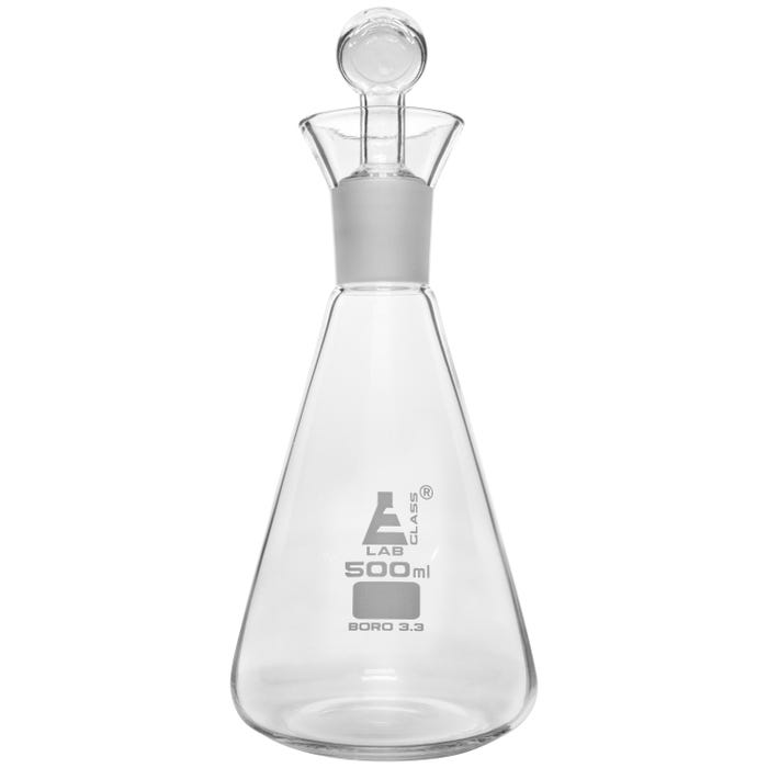 Eisco Labs Flask, Iodine, Glass, 29/32 with Interchangeable Stopper, 500 mL