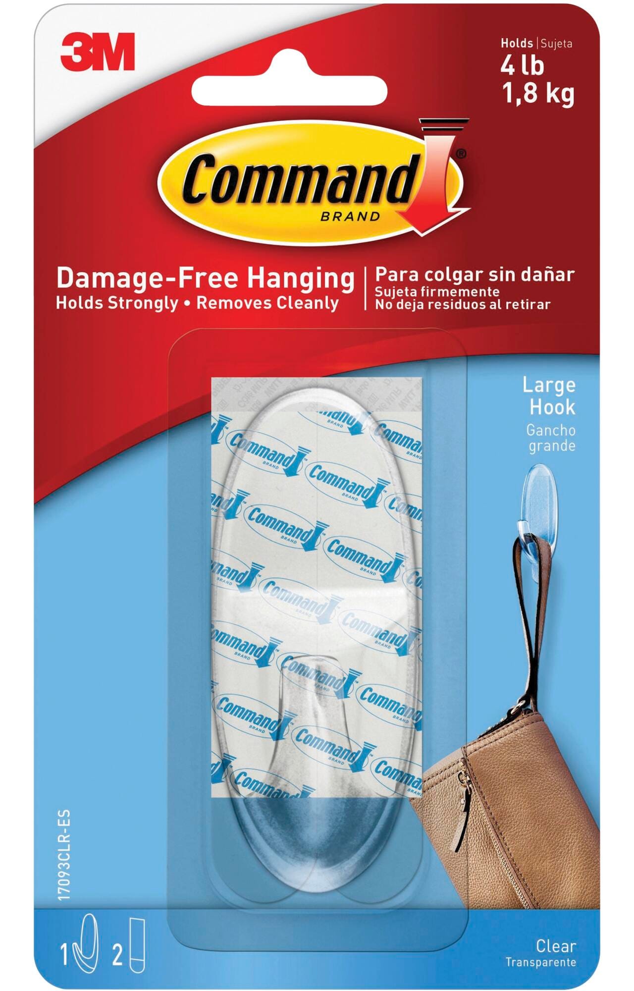 Command Hook with Adhesive Strip, Large, 4 lb, Clear 2133419