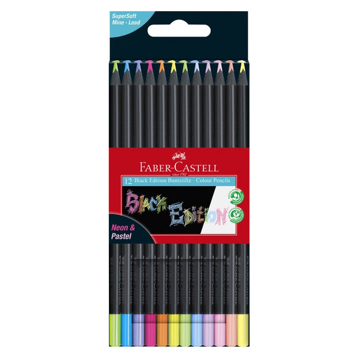 Faber-Castell Black Edition Colored Pencils, Assorted Neon and Pastel Colors, Set of 12