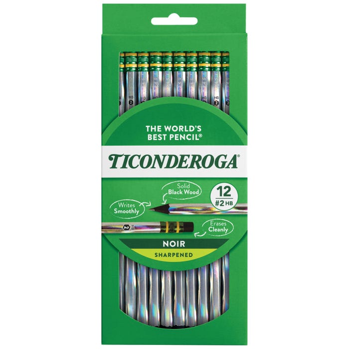 Ticonderoga Noir Wood-Cased Pencils, No 2 HB, Sharpened, Assorted Holographic Colors, Pack of 12