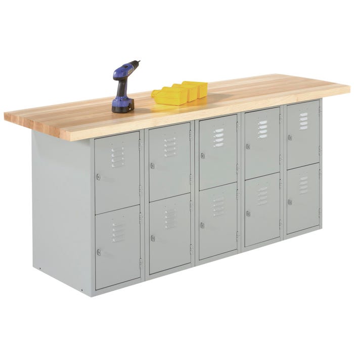 Diversified Spaces Wall And Island Bench with 18 Horizontal Lockers, 120 x 24 x 32-3/4 Inches, Maple Top, Gray Base