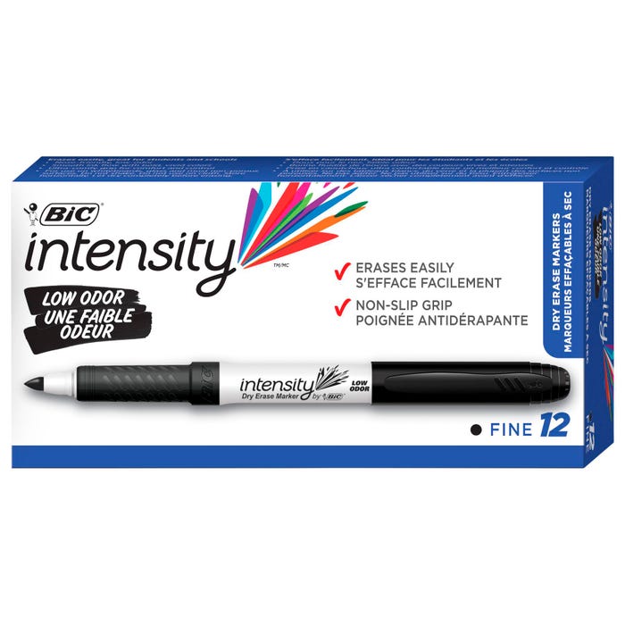BIC Intensity Low Odor Dry Erase Markers, Fine Tip, Black, Pack of 12