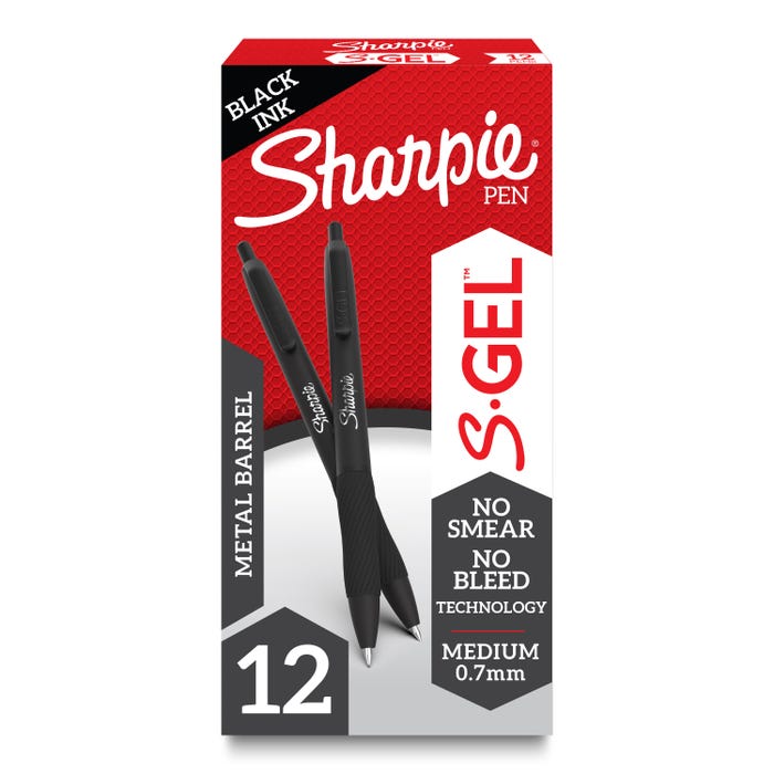 Sharpie S-Gel Pens, Medium Point, 0.7mm, Matte Black Metal Barrel, Black Ink, Pack of 12