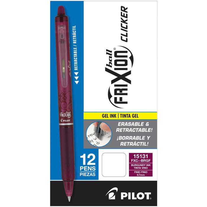 Pilot FriXion Clicker Erasable Gel Ink Pens, Fine Point, Burgundy Ink, Pack of 12