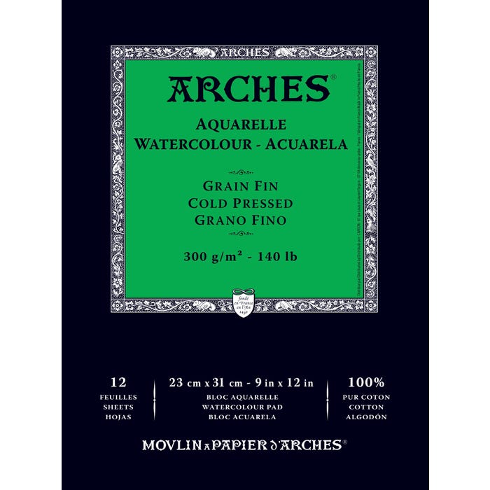 Arches Aquarelle Watercolor Pad, 9 x 12 Inches, Cold Press, 140 lb, White, 12 Sheets
