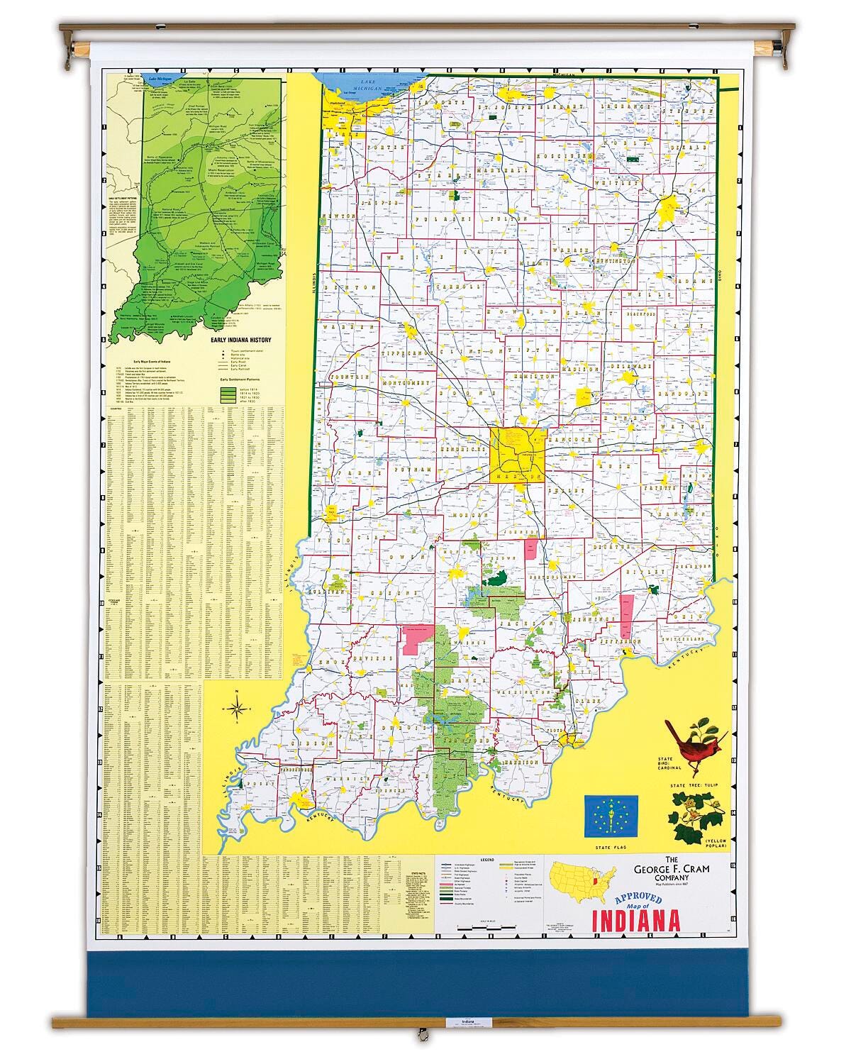 Nystrom Indiana Pull Down Roller Classroom Map, 51 x 68 Inches, Item Number 088626