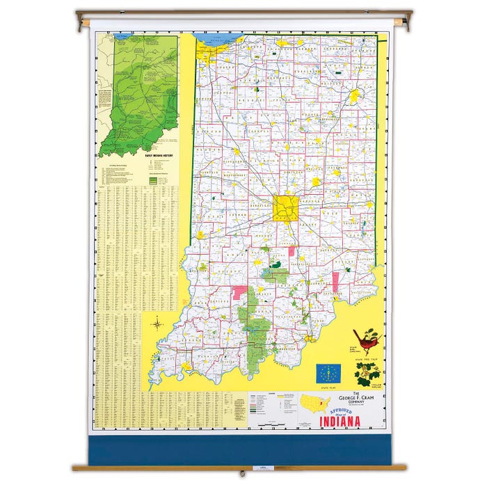Nystrom Indiana Pull Down Roller Classroom Map, 51 x 68 Inches