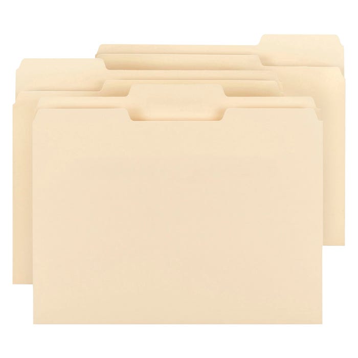 Business Source File Folder, Letter Size, 1/3 Cut Assorted Tabs, 9.5 Pt, Manila, Pack of 150