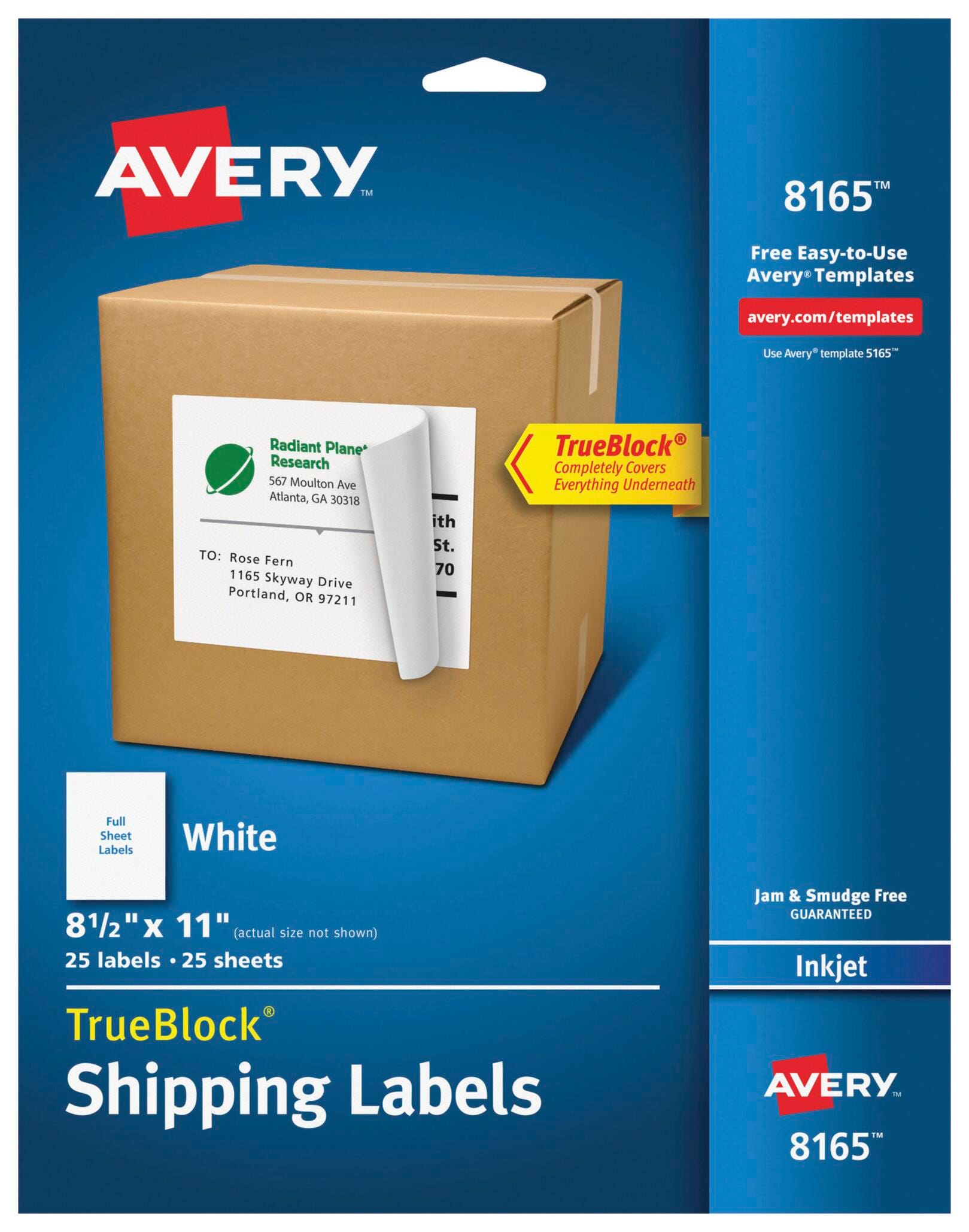 Avery TrueBlock Full Sheet Label, Inkjet, 8-1/2 x 11 Inches, White, Pack of 25 1054849