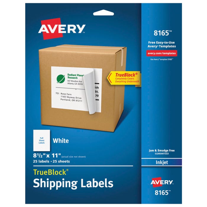 Avery TrueBlock Full Sheet Label, Inkjet, 8-1/2 x 11 Inches, White, Pack of 25