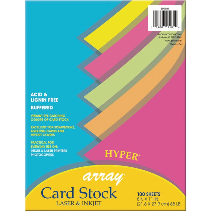Array Card Stock Paper, 8-1/2 x 11 Inch, Assorted Hyper Colors, Pack of 100