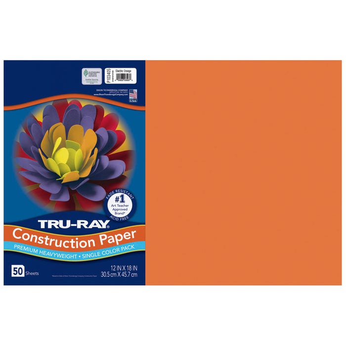 Tru-Ray Sulphite Construction Paper, 12 x 18 Inches, Electric Orange, 50 Sheets